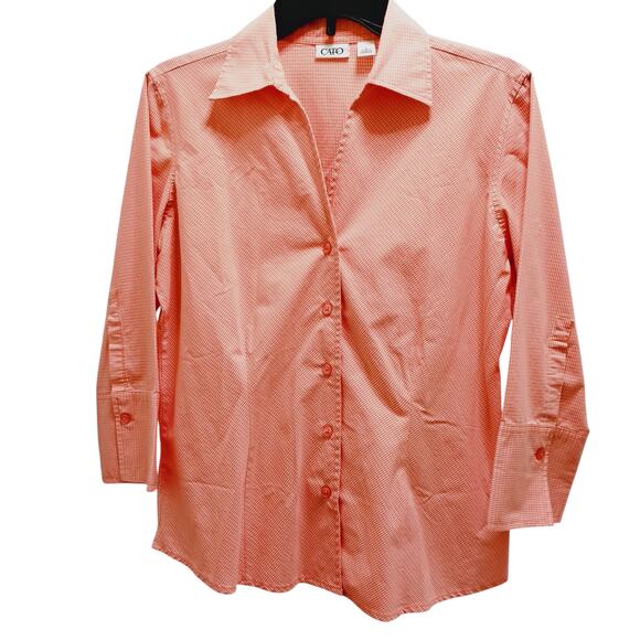 Cato Orange Checked Blouse 🧡🤍 Button Down Shacket Small 3/4 Sleeve Lightweight - Picture 13 of 15